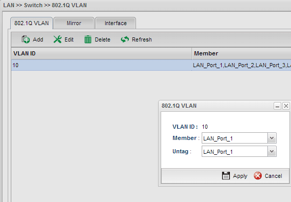 a screenshot of Vigor3900 802.1q settings